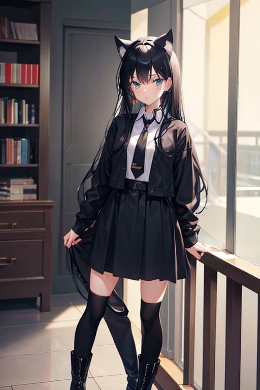 Black Hair,Black clothing,Cat ear,Girl,Poker face,tie,Standing,whole body,Black high boots