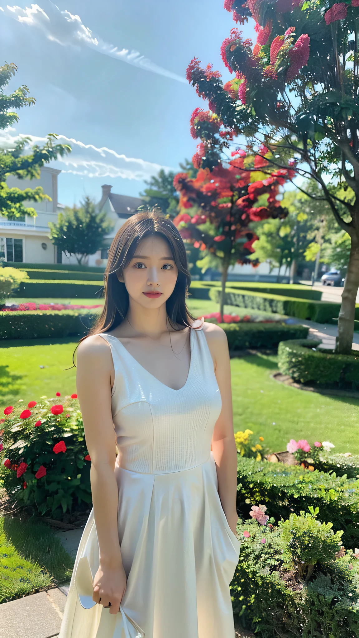 (8K、RAW photography、Highest quality、masterpiece:1.2)、(Realistic、Photorealistic:1.37)、Ultra-high resolution、One Girl、cute、solo, Browsing Caution,Highest quality,masterpiece,8K,Droopy eyes,Big Breasts,Beautiful breasts, In the English garden, Model Shooting Locations, Sexy pose, Wearing a white dress, Highly detailed face, Highly detailed lips, Fine grain, double eyelid, Exquisite detail and subtle sparkle, Photograph her in poses that reflect both grace and confidence, Enhance visual effects with cinema lighting. Use modern 2D design for the background, Create beautiful, balanced compositions. Enhance the scene with elements such as depth of field, bloom effect, And a touch of sparkle, Add a dreamy texture to the overall image. Pay close attention to detail