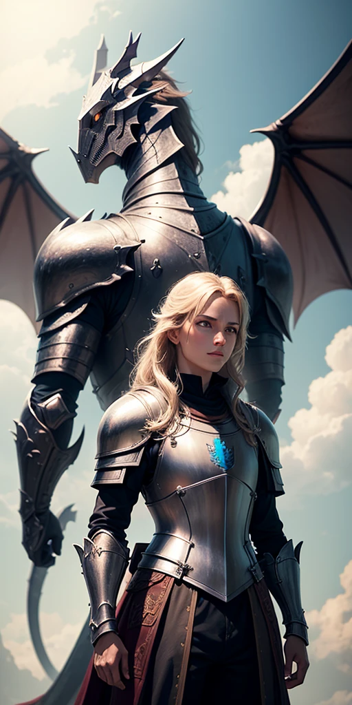 Knight looking at the distance, in the distance wyvern in the sky