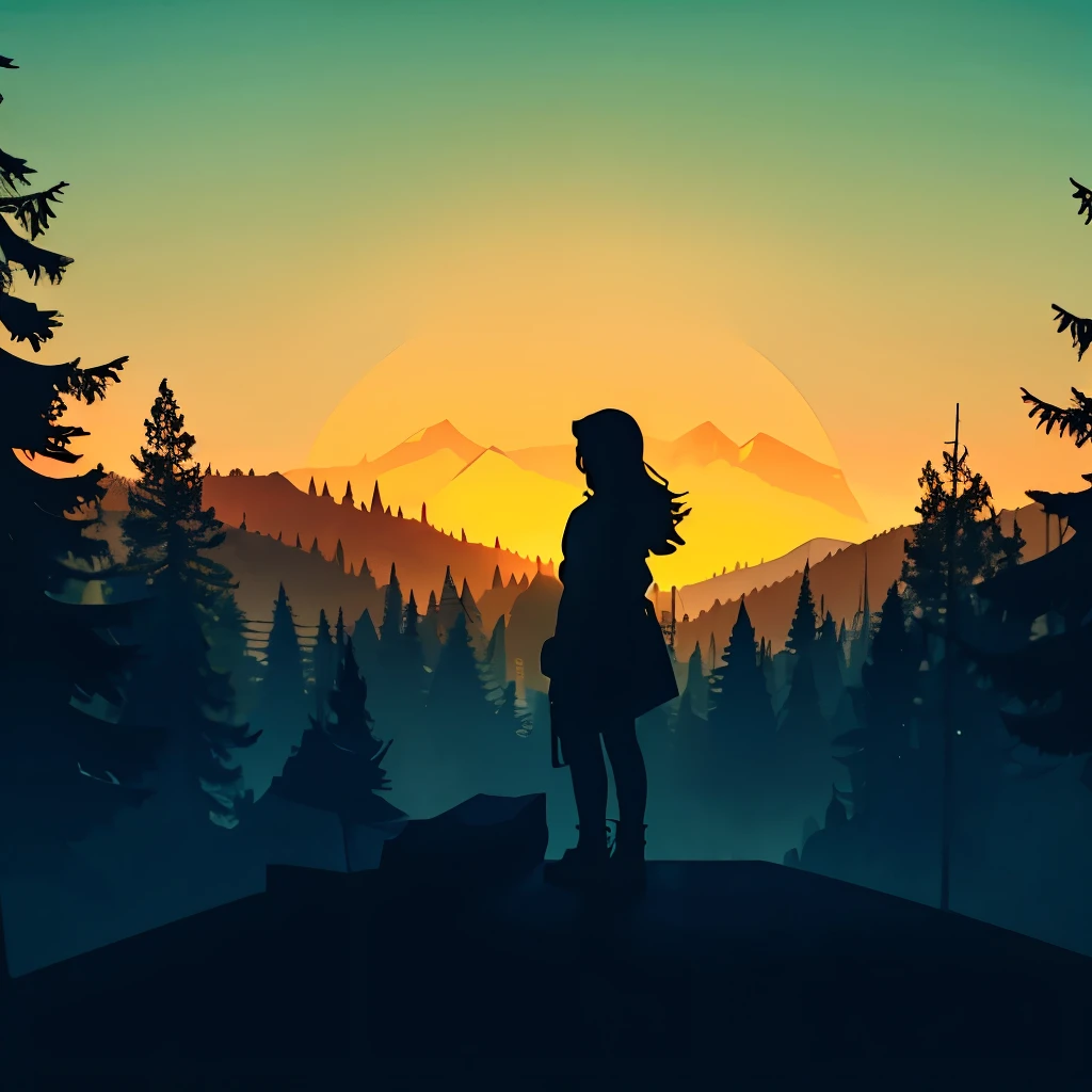 Firewatch style landscape, girl silhouette, minimalism