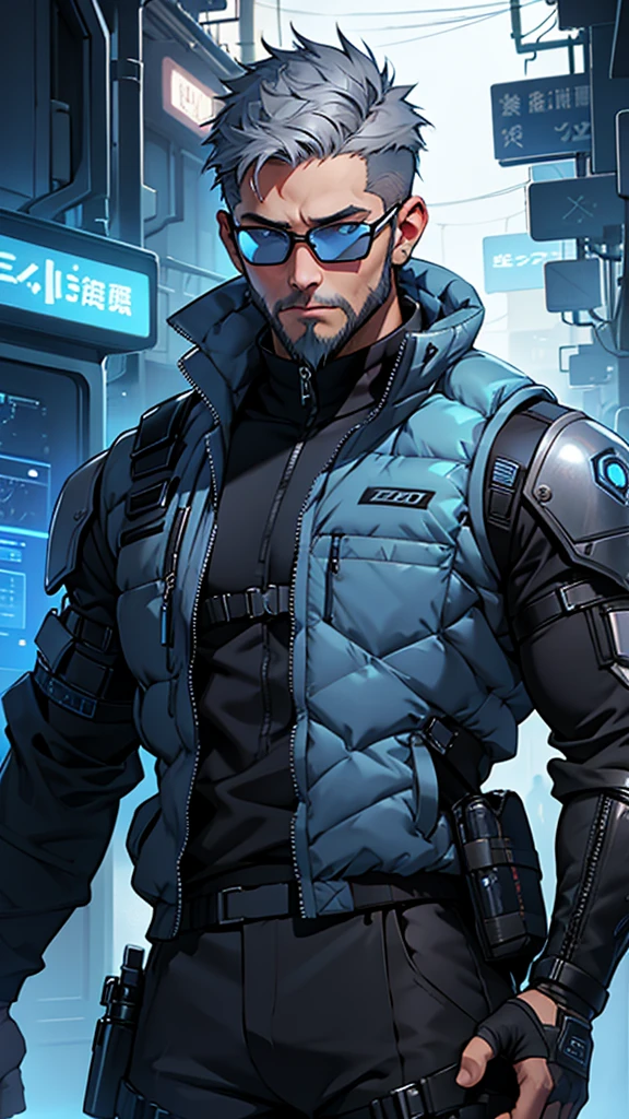 Grey and blue mesh short hair、Glasses、male、Tactical Vest、whole body、cyber punk、View here、front、beard、whole body傷跡