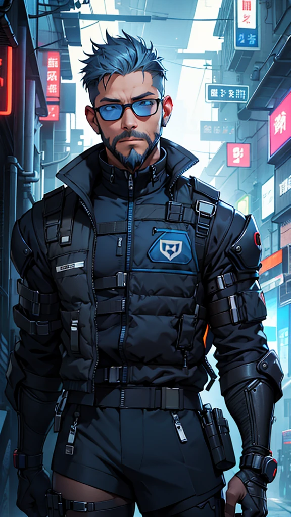 Grey and blue mesh short hair、Glasses、male、Tactical Vest、whole body、cyber punk、View here、front、beard、whole body傷跡