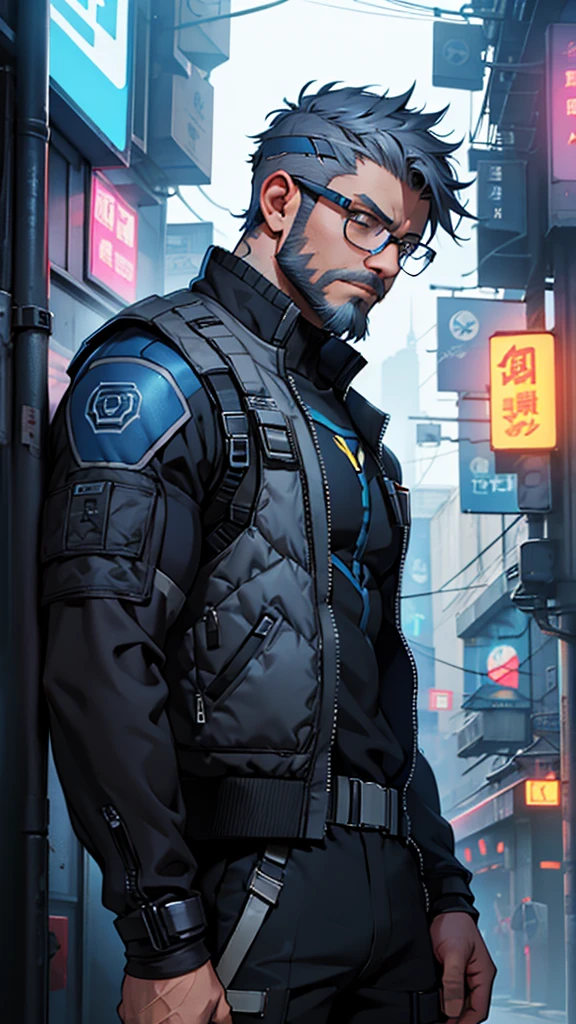 Grey and blue mesh short hair、Glasses、male、Tactical Vest、whole body、cyber punk、View here、front、beard、whole body傷跡
