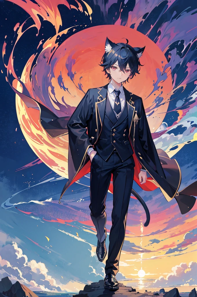 An animation character wearing a suit and tie standing in front of the water, inspired by Okumura Togyu, ((Dressed in aristocratic robes)), Neferpitu, vrcchat, Boy with cat ears and tail, Sora like a cat, with sunset, inspired by Okumura Masanobu, ((sunset)), silver eyes full body