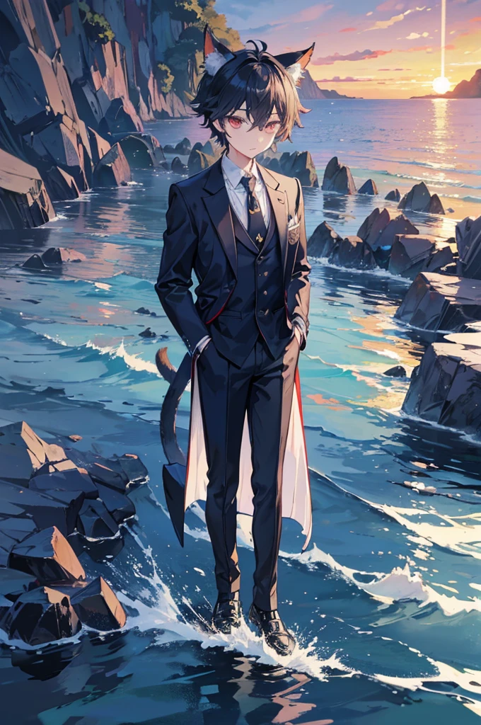 An animation character wearing a suit and tie standing in front of the water, inspired by Okumura Togyu, ((Dressed in aristocratic robes)), Neferpitu, vrcchat, Boy with cat ears and tail, Sora like a cat, with sunset, inspired by Okumura Masanobu, ((sunset)), silver eyes full body