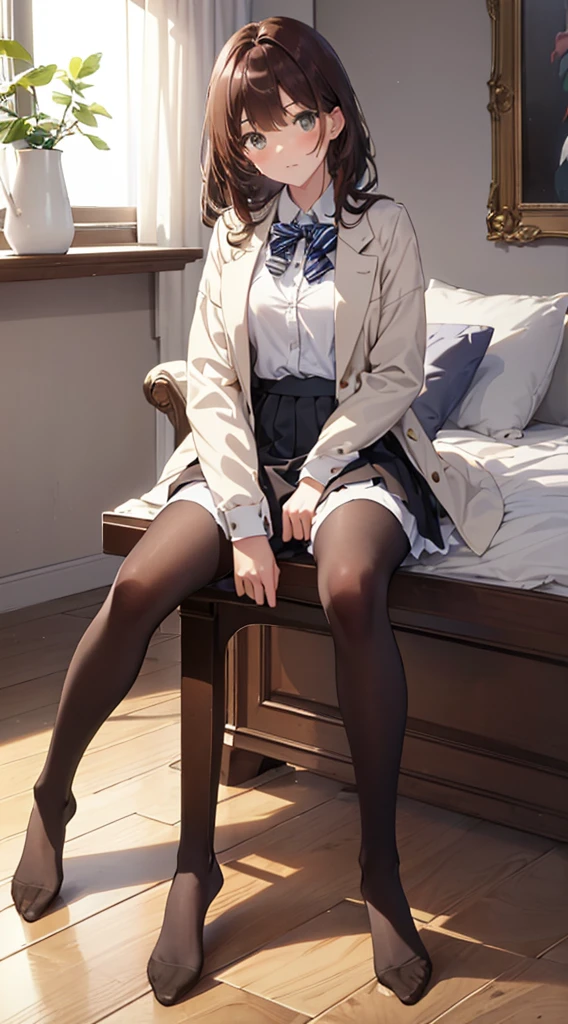 Top quality, masterpiece, High resolution, (Head to toe full body), front, frontやや下からの構図, Symmetric, Tall 18 year old girl, alone, (Head to toe), (Small breasts), Unkempt brown hair, bangs, (black tights), (Black Pantyhose), (Sit with your legs apart), (Crouching pose), (A composition showing white panties), (Her legs were spread、I see your white pants.), (I was made to sit on the floor with my legs spread..), (M-shaped legs), Thin legs, A very beautiful and tall 18 year old girl, (No shoes), blush, Shy big eyes, looking at the camera, Blazer Uniform, Checkered Pleated Skirt