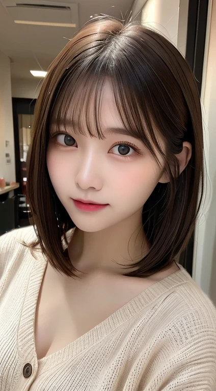 Highest quality, photo of beautiful ,View your viewers, Perfect Face, Perfect Eyes, High detail,Natural color lip、Semi-short hair、Embarrassed、22-year-old female、Shoot from above、camisole、cardigan