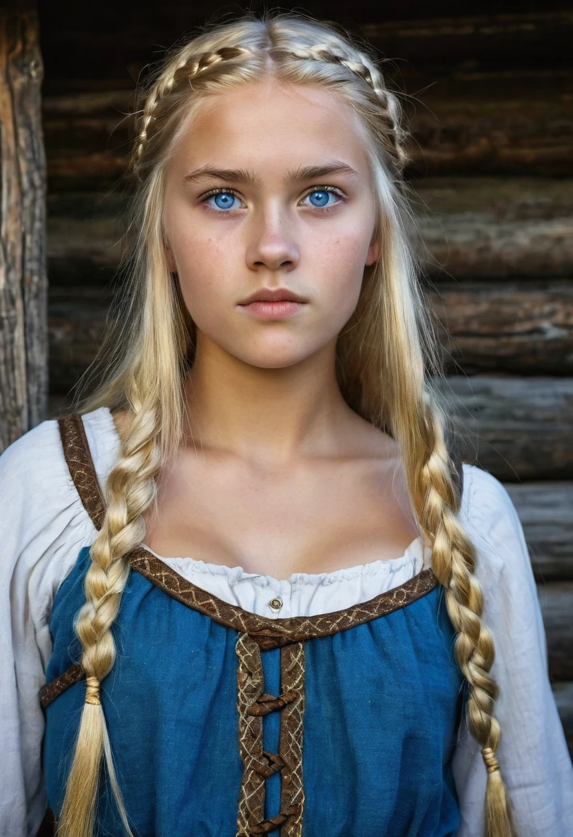 front view, Viking girl,12 century,  Sweden Young girl, beautiful female, 18 years old, (Highly detailed face, Ordinary eyes, Blue  eye,  gold hair, fringe, Variegated eyes, Fuller lips, little Lips), (Middle breasts, Slender Whist, Middle Hip) ,(Viking costume, clothes), standing pose, in log house