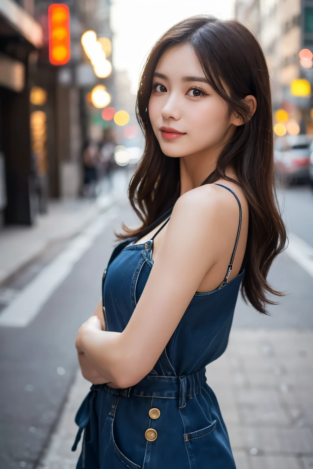 A striking young woman is centered in the image, standing in a bustling urban street. She has large, expressive eyes and wavy, dark brown hair that falls just past her shoulders, partially covering her forehead. Her makeup is subtle yet highlights her natural beauty, with a focus on her eyes and rosy cheeks. She wears a denim jumpsuit that accentuates her figure, with a plunging neckline and brass buttons. The straps of the jumpsuit rest on her shoulders, slightly off-center, adding a casual yet stylish touch. Her facial expression is a mix of curiosity and confidence, with a slight pout to her lips. The background features a blurred cityscape, with tall buildings and vibrant lights, suggesting a busy downtown area. The lighting is natural, casting soft shadows on her face, emphasizing her features. Her pose is relaxed, leaning slightly forward, with her arms either resting on her thighs or close to her body, suggesting a candid moment. The overall mood of the image is lively and youthful, with a touch of urban chic.