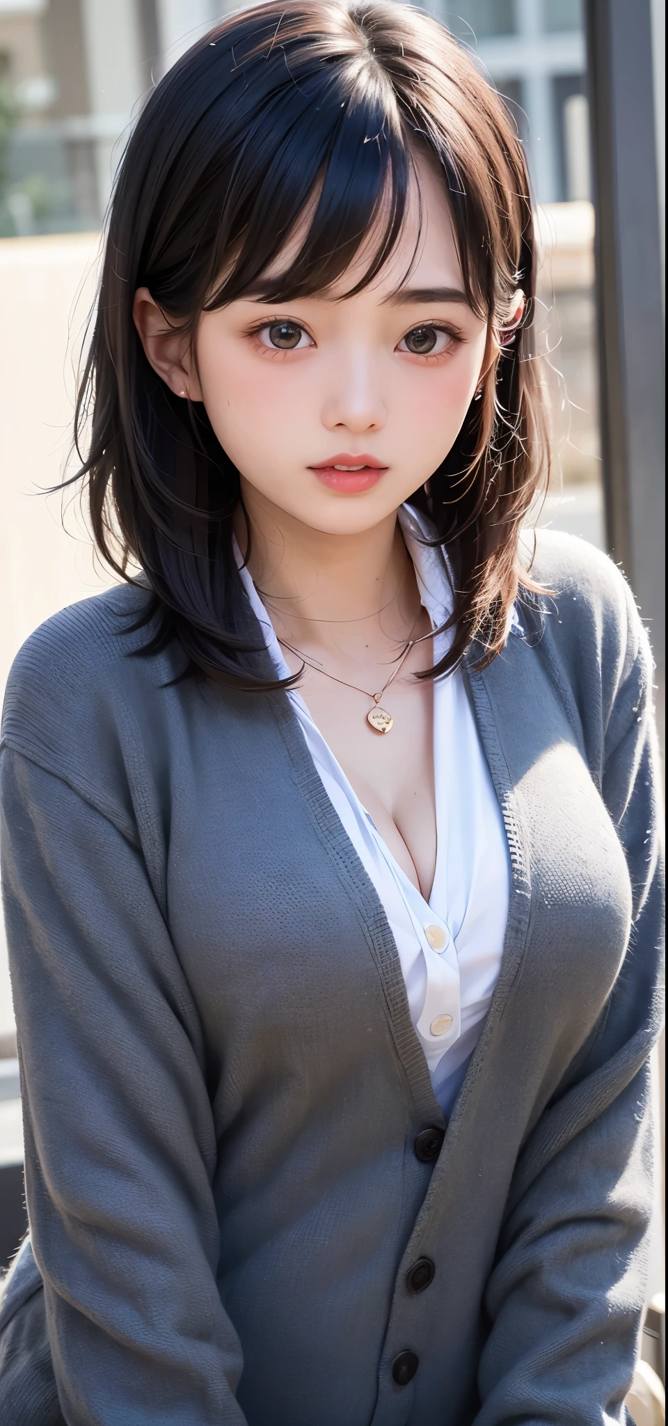 (1 nogizaka girl,ars old face,raw photo,photo realistic:1.5),(best quality, high quality,HDR, highest quality,ultra high resolution,high resolution,high res,ultra high difinition,huge file size,8K,2K wallpaper,8K wallpaper,high quality texture,amazing,an extremely delicate:1.4),one girl, Japanese famous idol,cute face,small face,absurd,ridiculous,incredibly ridiculous,blurry background,(school uniform,sailor suit,short hair,cleavage,no makeup:1.2),medium skin,beautiful skin,detailed skin,black hair,silky hair,black eyes,Japanese nose,5-fingers,(Light Particles, Lens Flare, Luminous Particles: 0.7),looking at viewer,bright lighting,professional lighting,girl