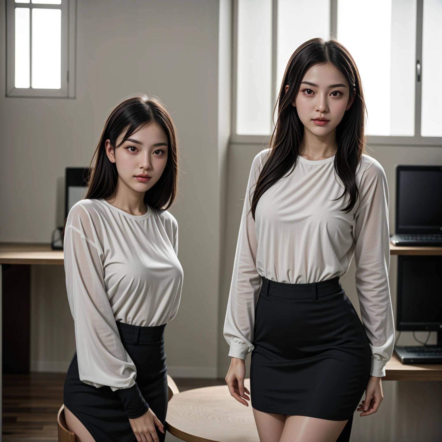 ((best quality masterpiece))1girl,solo girl,lonely girl standing
8k quality,special quality,reallist clothes,special reallist clothes
"Generate an image of a young Asian woman in her mid-20s with long, straight, dark brown hair that reaches her mid-back. She is wearing a fitted, white ribbed blouse with three-quarter length sleeves. The blouse is slightly translucent, revealing a subtle texture underneath. She is also wearing a black, high-waisted pencil skirt that fits snugly and extends to just above her knees.
The woman is standing in a modestly furnished indoor room. The walls are light beige, and there is a wooden desk with drawers and a matching chair with a cushioned seat to her left. On the desk, there are a few stacked papers and a closed laptop. The floor is dark hardwood, which contrasts with the lighter walls.
The woman is turned slightly to her left, her torso facing the camera while her head is turned over her right shoulder, gazing directly at the camera with a calm, neutral expression. Her lips are slightly parted, and her eyes are subtly highlighted with natural makeup.
The lighting in the room is soft and natural, coming from an unseen window to the left, casting gentle shadows that highlight the contours of her face and the texture of her clothing. The overall atmosphere is serene and quiet, with a focus on the woman's poised and elegant stance."