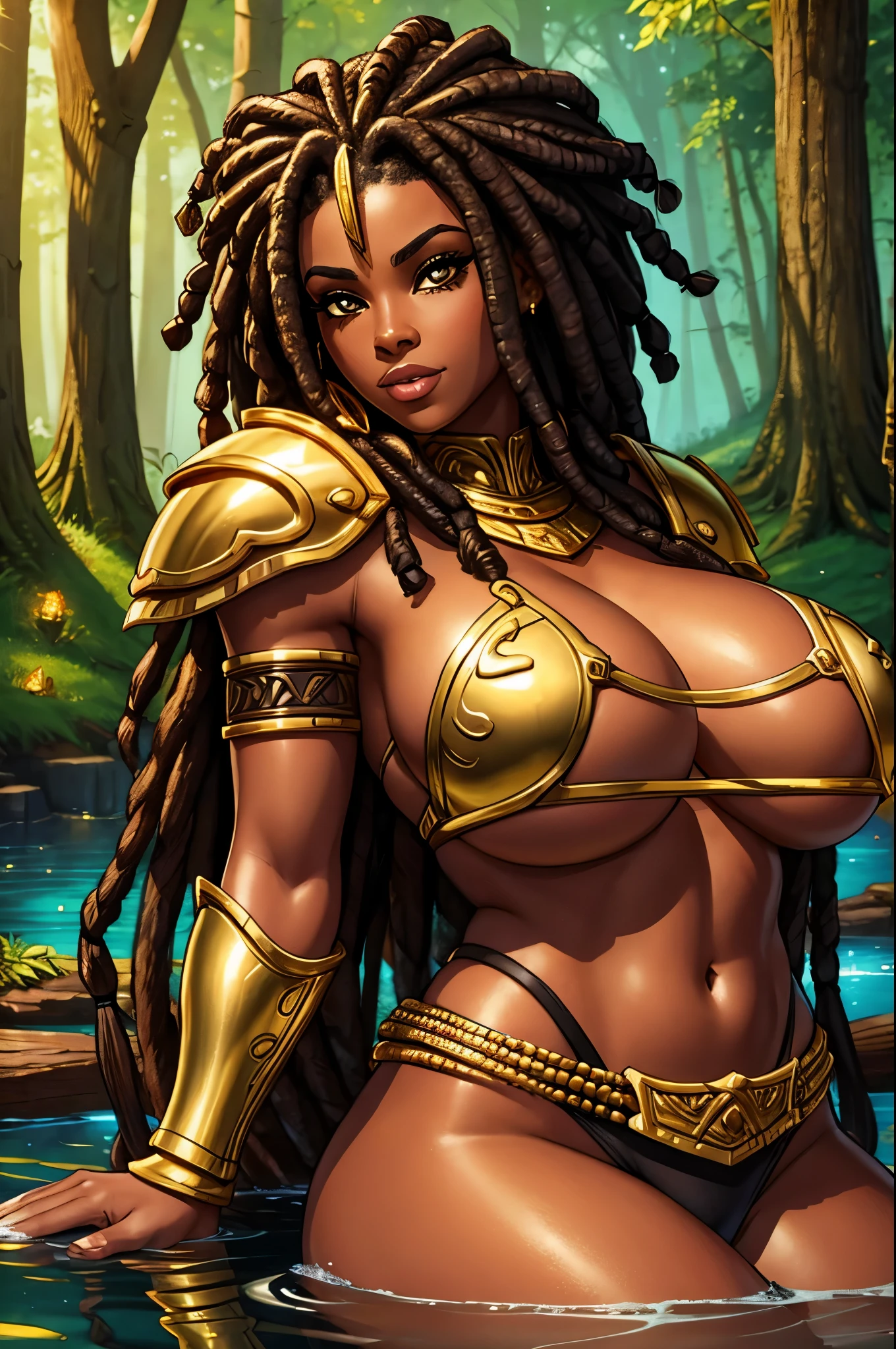 Black woman, dreadlocks, underboob, barbarian, golden armour, gold-leaf, forest pond