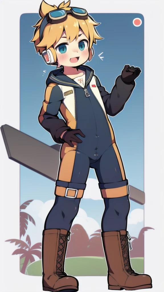 2D Boy Shota,One-piece mountaineering suit,Slim, healthy body,Put the headphones on your head,stand up,goggles,happy,Sailor collar,tie,Zipper pulled down,boots,strap,Hip thrust
