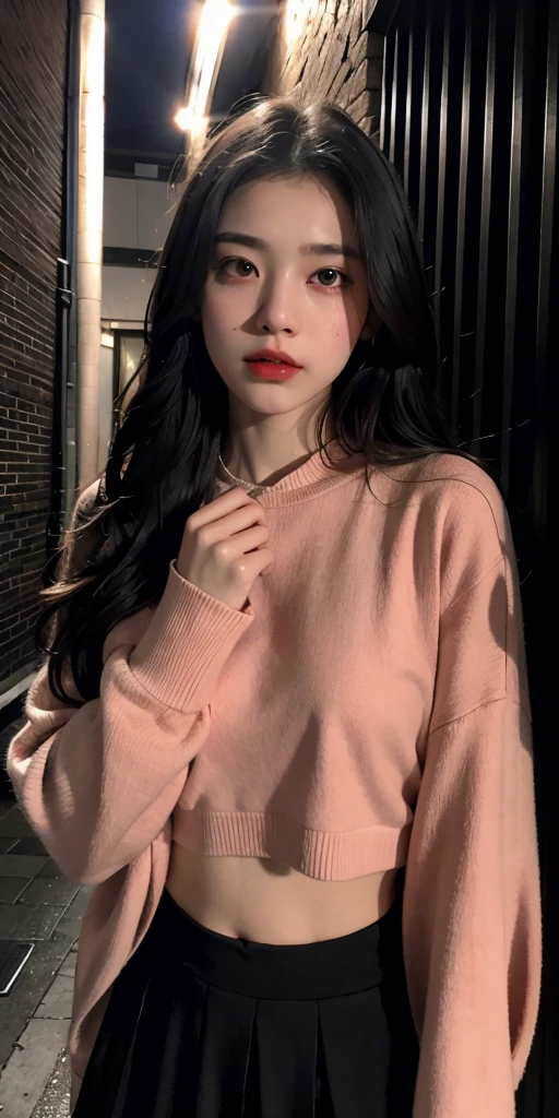 masterpiece, best quality, looking at viewer, facing viewer, bare legs, 1girl, solo, upper body, bow, serafuku, disgusted face, night time, heavy rain, outdoors, city, crop top, navel, wet clothes, drenched, overly long sleeves, hands in sleeves, blood tears, blood marks, dark alleyway, blood splattered on the ground, red bright light, glowing eyes, depth of field,holding a knife,red sky, atmofer,perfect hands