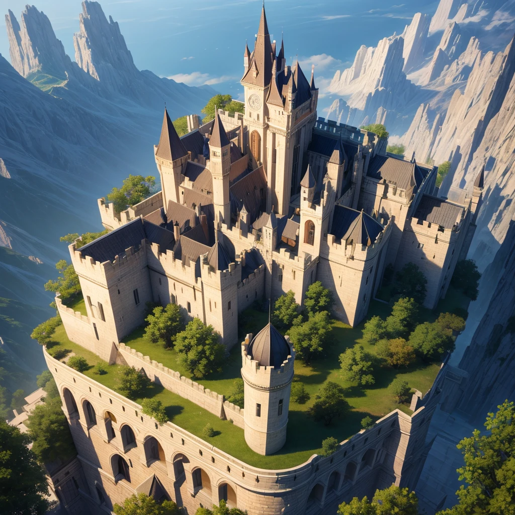 Create a fabulous ultra-realistic castle with walls made of glass with tall towers, circular walls ,in the middle of a mountain, isometric view,high quality ,Masterpiece,High level of details .