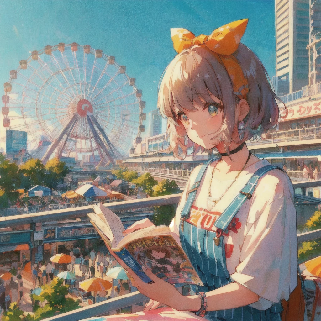 Anime girl reading a paperback book on a pier with a ferris wheel in the background, smile,Lo-fi Girl, digital Anime illustration, Gweiz-style artwork, Anime Aesthetics, Showa Town,Portrait of Rofi, Anime-style illustrations, Lo-fi Girl aesthetic, 80s anime style,Beautiful anime art style, Anime illustration, Landscapes by Ilya Kuvshinov, Tokyo Anime Scene, Summer Afternoon, Anime Style 4k