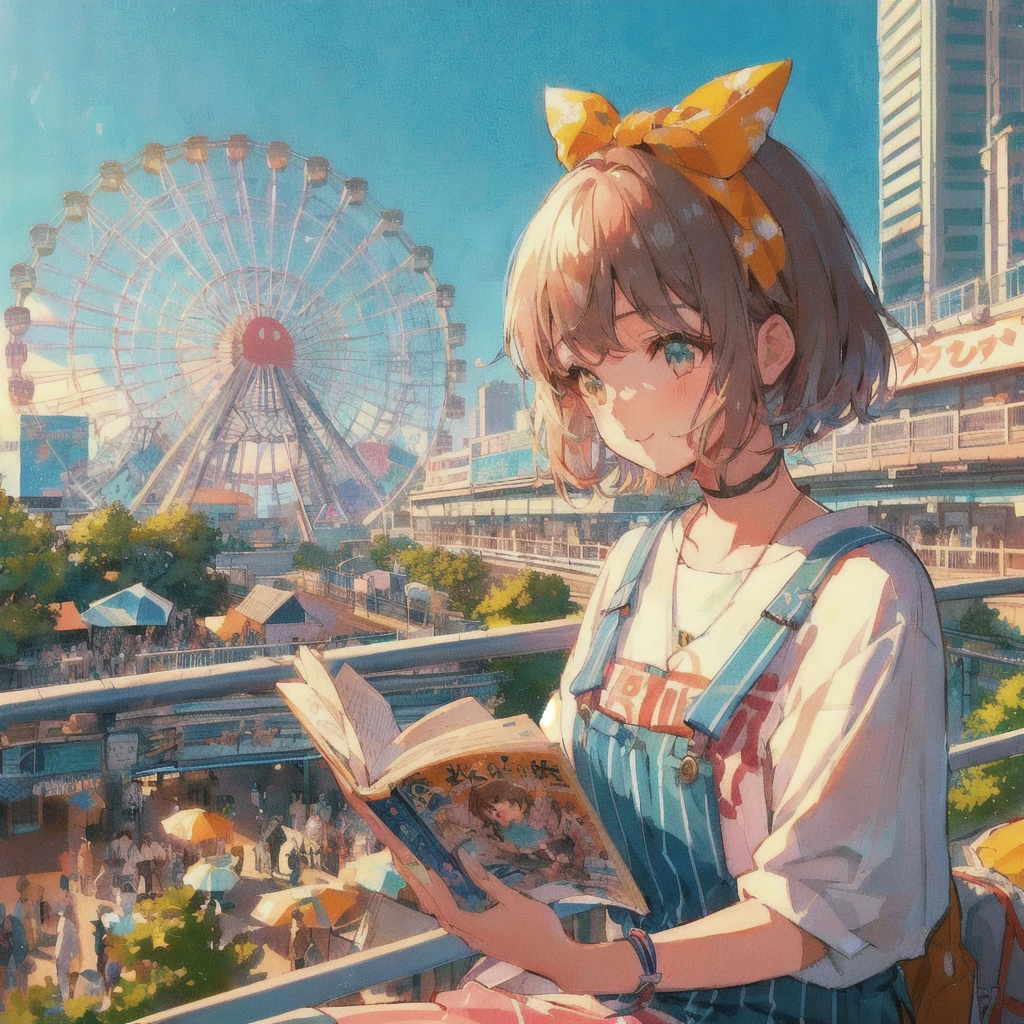 Anime girl reading a paperback book on a pier with a ferris wheel in the background, smile,Lo-fi Girl, digital Anime illustration, Gweiz-style artwork, Anime Aesthetics, Showa Town,Portrait of Rofi, Anime-style illustrations, Lo-fi Girl aesthetic, 80s anime style,Beautiful anime art style, Anime illustration, Landscapes by Ilya Kuvshinov, Tokyo Anime Scene, Summer Afternoon, Anime Style 4k