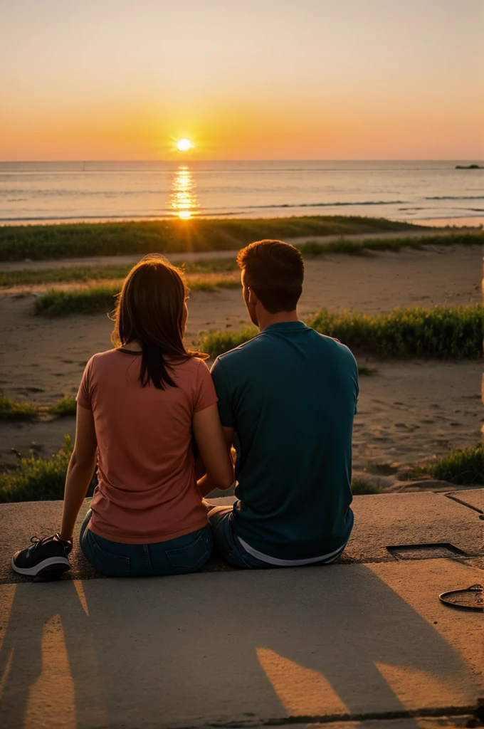 Create a photo with a guy together with his girlfriend sitting while watching sunset 
