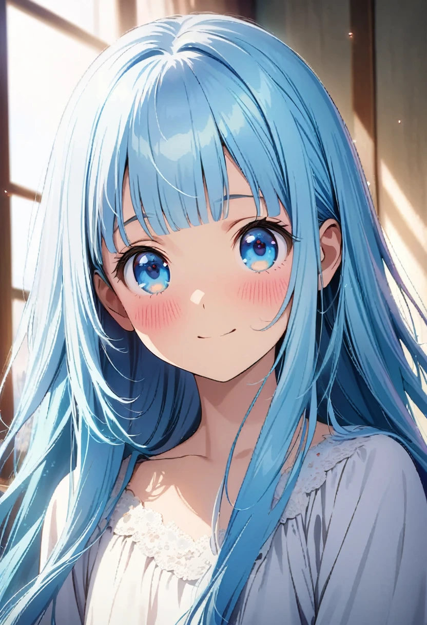 le, anime girl with long hair, anime visual of a cute girl, clean detailed anime art, straight hairstyle, smooth hair, clean detailed anime style, beautiful anime style, hair flow, realistic hair, with long hair, masterpiece, best quality, extremely detailed, (illustration, official art:1.1), 1 girl ,(((( light blue long hair)))), ,(((( light blue long hair)))),light blue hair, , long hair ((blush)) , cute face, big eyes, masterpiece, best quality,(((((a very delicate and beautiful girl))))),Amazing,beautiful detailed eyes,blunt bangs((((little delicate girl)))),tareme(true beautiful:1.2), sense of depth,dynamic angle,,,, affectionate smile, (true beautiful:1.2),,(tiny 1girl model:1.2),)(flat chest),