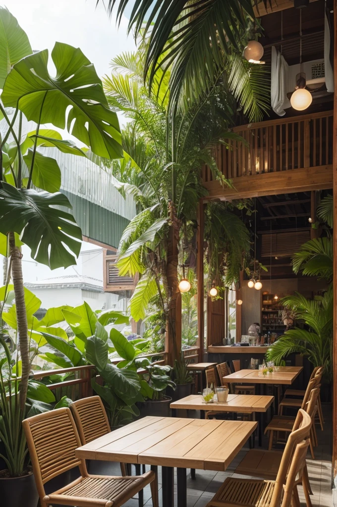 Create a tropical environment for me, tables full of people sitting, tropical style environment where natural drinks are sold 