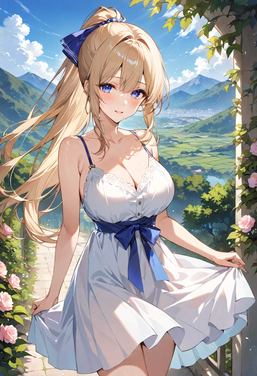masterpiece, best quality, ultra detailed, detailed eyes, sparkling eyes, nsfw, ((large breasts)), The image features an anime-style illustration of a young woman with a cheerful and serene expression. She has long, wavy blonde hair tied in a high ponytail with a blue ribbon. Her big, bright blue eyes stand out, giving her an expressive and lively appearance. She is wearing a white sundress with thin shoulder straps and a cinched waist, which complements her delicate and elegant look. In the background, there is a picturesque, mountainous landscape with lush greenery and a clear blue sky dotted with a few white clouds. The scene is filled with vibrant colors, with flowers blooming in the foreground, adding to the overall sense of tranquility and natural beauty. The sunlight filters through the trees, casting a gentle glow on the woman, enhancing the serene and idyllic atmosphere of the image.
