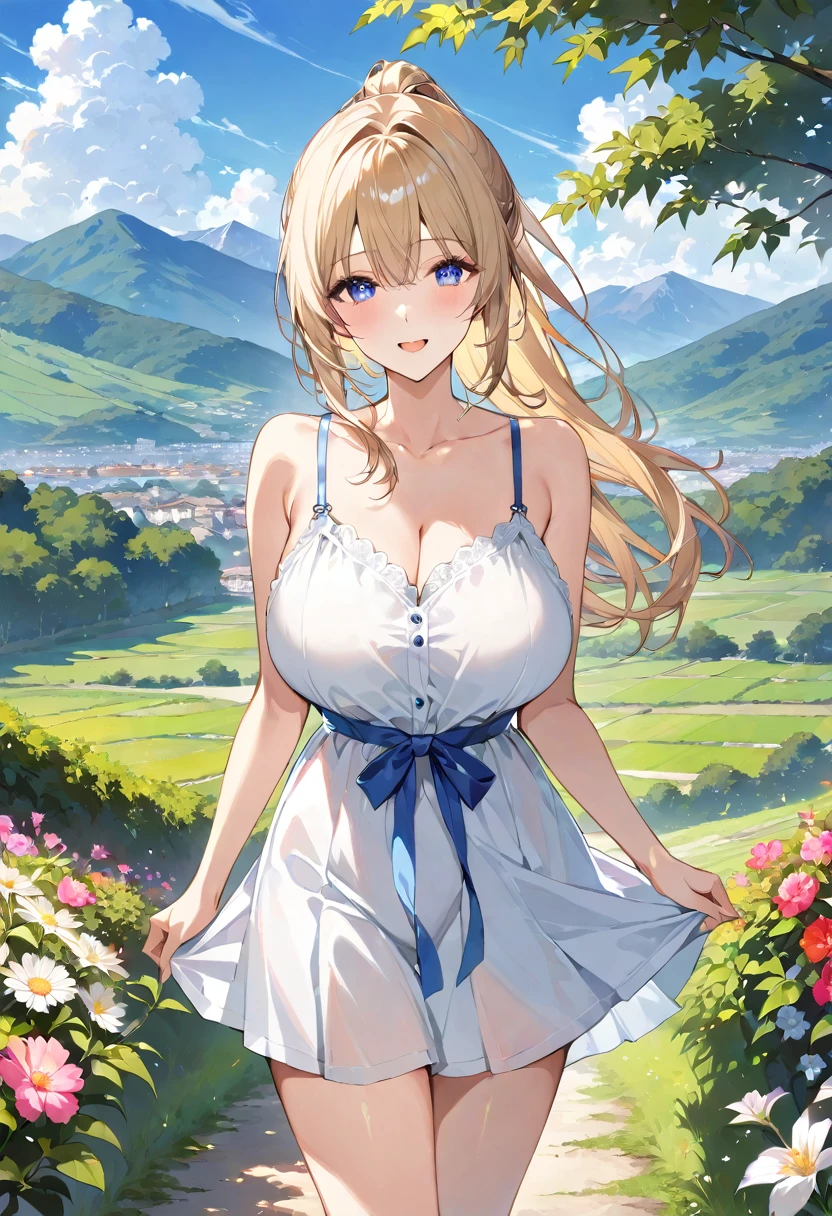 masterpiece, best quality, ultra detailed, detailed eyes, sparkling eyes, nsfw, ((large breasts)), The image features an anime-style illustration of a young woman with a cheerful and serene expression. She has long, wavy blonde hair tied in a high ponytail with a blue ribbon. Her big, bright blue eyes stand out, giving her an expressive and lively appearance. She is wearing a white sundress with thin shoulder straps and a cinched waist, which complements her delicate and elegant look. In the background, there is a picturesque, mountainous landscape with lush greenery and a clear blue sky dotted with a few white clouds. The scene is filled with vibrant colors, with flowers blooming in the foreground, adding to the overall sense of tranquility and natural beauty. The sunlight filters through the trees, casting a gentle glow on the woman, enhancing the serene and idyllic atmosphere of the image.