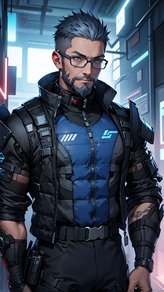 Grey and blue mesh short hair、Glasses、male、Tactical Vest、whole body、cyber punk、View here、front、beard、whole body傷跡