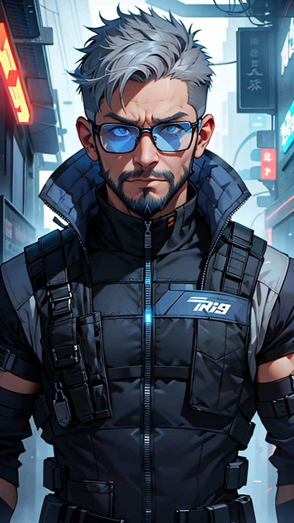 Grey and blue mesh short hair、Glasses、male、Tactical Vest、whole body、cyber punk、View here、front、beard、whole body傷跡