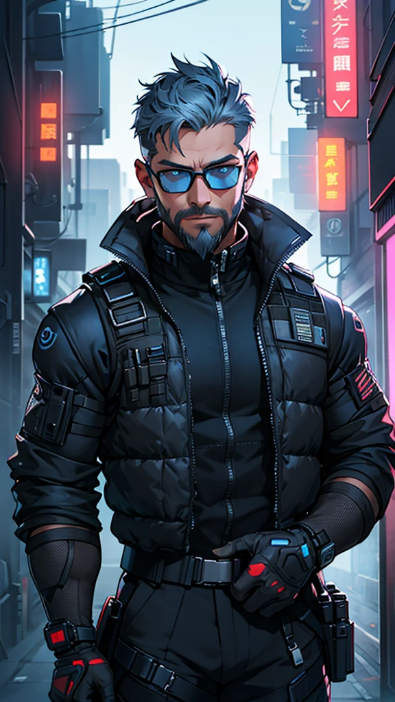 Grey and blue mesh short hair、Glasses、male、Tactical Vest、whole body、cyber punk、View here、front、beard、whole body傷跡