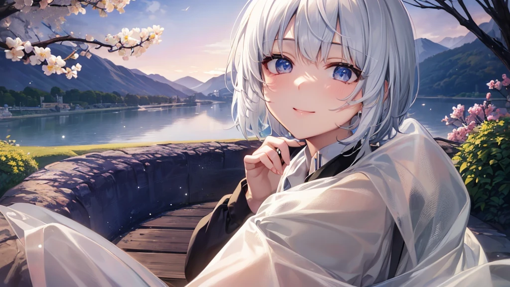 Ultra HD,Look at the viewers, Put your hands behind your back, With a girl, 20-year-old, 非常にShort Hair, Long bangs between the eyes, Pale blue eyes, Very detailed,(masterpiece、Highest quality),Gray Hair、Laughter、Fantastic, Silver Hair, Iris, Short hair、 Fluttering Hair、Small Face、明るいsmile、(Detailed face) ,Professional Lighting,Wonderful landscape,blue sky, sunlight,Looking down from above,Portraiture、Open your mouth、Flower Field、Her eyes were shining、Mysterious and enchanting atmosphere。With AI Painting、とてもShort Hair, Long bangs between the eyes, Very detailed,(masterpiece、Highest quality)、alone、Gray Hair、Fantasy, Silver Hair, Fantasyな風景、White shirt、smile、Open your mouth、short hair、Short Hair、hairpin、black eye、Grey Eyes、Beautiful Eyes、