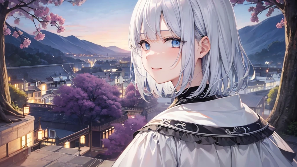 Ultra HD,Look at the viewers, Put your hands behind your back, With a girl, 20-year-old, 非常にShort Hair, Long bangs between the eyes, Pale blue eyes, Very detailed,(masterpiece、Highest quality),Gray Hair、Laughter、Fantastic, Silver Hair, Iris, Short hair、 Fluttering Hair、Small Face、明るいsmile、(Detailed face) ,Professional Lighting,Wonderful landscape,blue sky, sunlight,Looking down from above,Portraiture、Open your mouth、Flower Field、Her eyes were shining、Mysterious and enchanting atmosphere。With AI Painting、とてもShort Hair, Long bangs between the eyes, Very detailed,(masterpiece、Highest quality)、alone、Gray Hair、Fantasy, Silver Hair, Fantasyな風景、White shirt、smile、Open your mouth、short hair、Short Hair、hairpin、black eye、Grey Eyes、Beautiful Eyes、