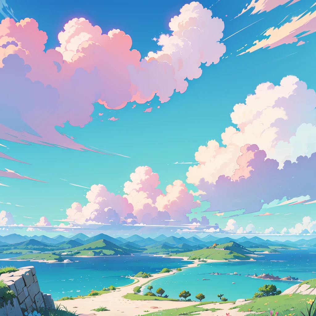 Top down view of the game, pastel tones, animated background, no people, sight, summer, sky, cloud, blurred background, masterpiece, best quality, hyper detail, --v6