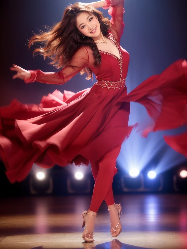 Photo-realistic quality、A Japanese woman in a red dress is dancing flamenco on stage,beautiful日本人モデル、 Sensual dance, She is dancing、!!beautiful!!, Red clothes, Circling,Detailed and beautiful eyes、Cute smile、A soft and gentle look