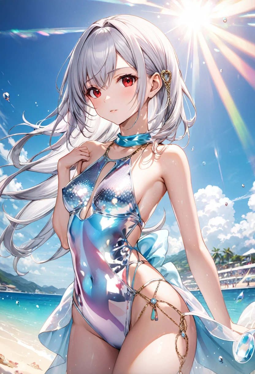 (pov Swimwear style) (beautiful body), (solo:2, 16 yo, hime cut silver hair hair long hair divine fighter girl, cool red eyes, serious make up face, medium tits), (in a Crystalline:1.3 detailed one piece Layered Dress swimsuit, detailed sequin body chain), break, in the summer Swimsuit contest show venue, background Double Exposure beautiful ocean, BREAK, perfect anatomy, masterpiece, best quality, 16k, beautiful detailed love, sexy, daydreaming expression.