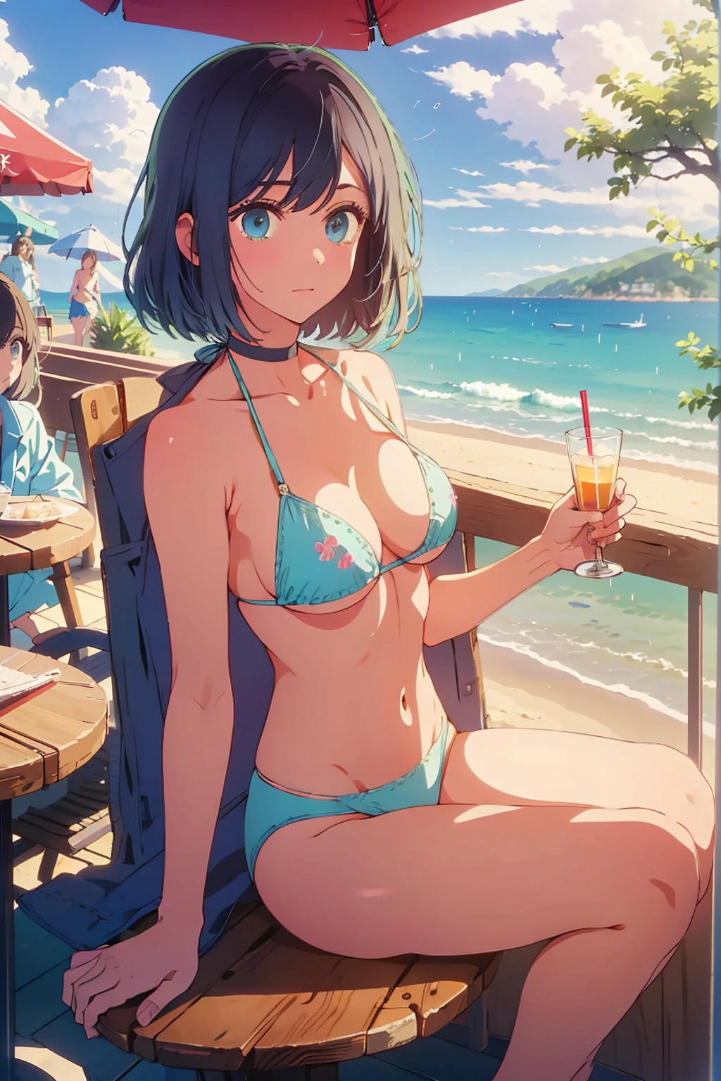 (Highest quality:1.4、masterpiece:1.4、Super detailed:1.4、8K:1.4)、((((1 person、Surprised expression、sit、Cafe Terrace、coastal、juice、table、Sandy Beach、juiceのグラスを持つ、Micro Bikini、Very soft boobs、Big eyes、Very cute face))))、F cup bust、Medium breast、Underboob、It rains