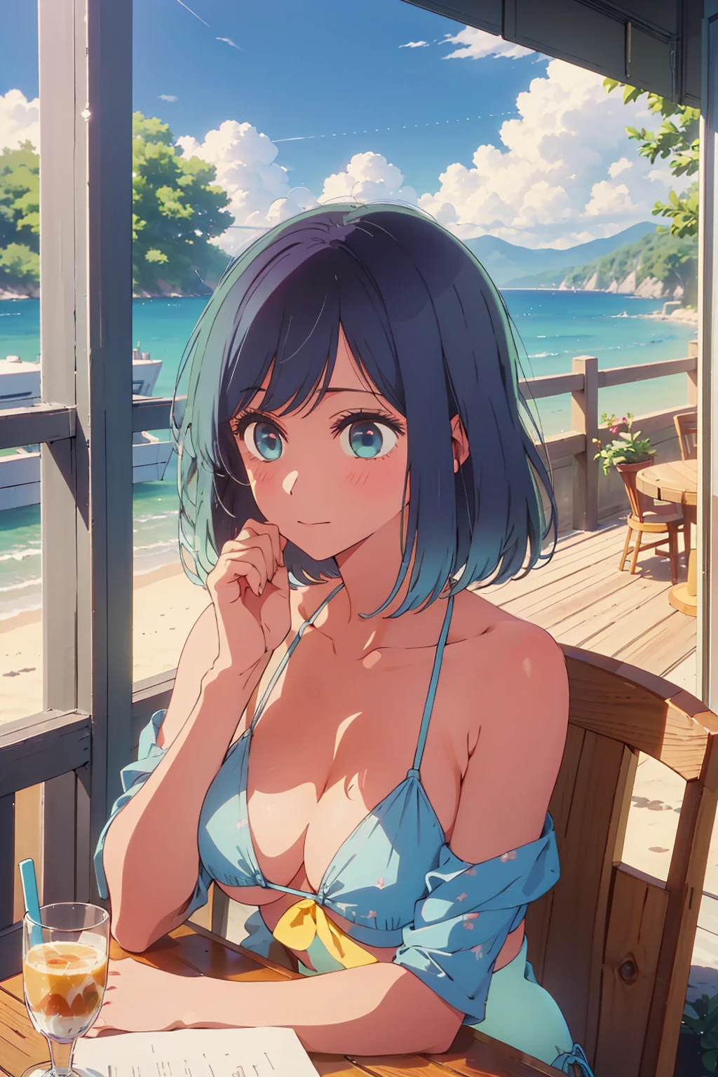 (Highest quality:1.4、masterpiece:1.4、Super detailed:1.4、8K:1.4)、((((1 person、Surprised expression、sit、Cafe Terrace、coastal、juice、table、Sandy Beach、juiceのグラスを持つ、Micro Bikini、Very soft boobs、Big eyes、Very cute face))))、F cup bust、Medium breast、Underboob、It rains