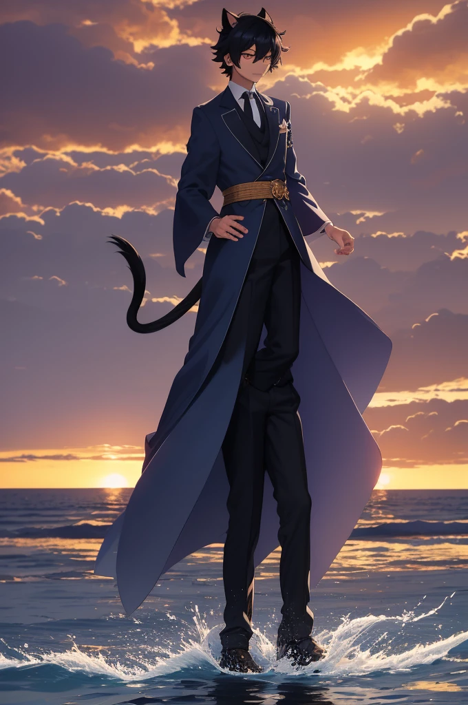 An animation character wearing a suit and tie standing in front of the water, inspired by Okumura Togyu, ((Dressed in aristocratic robes)), Neferpitu, vrcchat, Boy with cat ears and tail, Sora like a cat, with sunset, inspired by Okumura Masanobu, ((sunset)), silver eyes full body