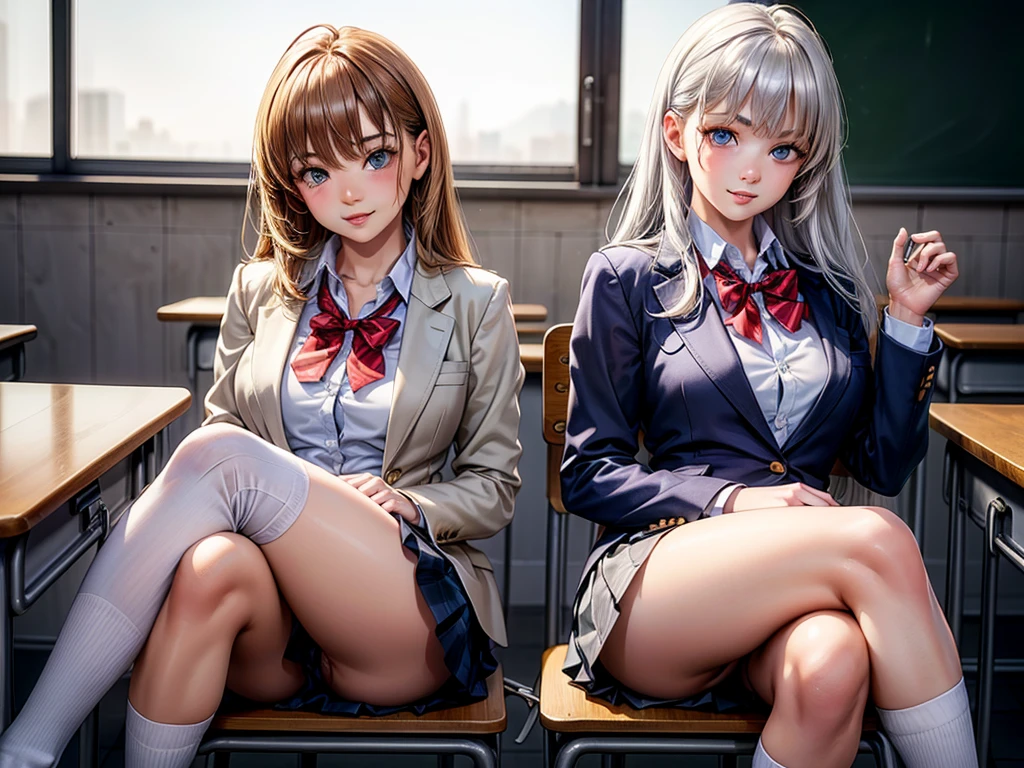 (masterpiece:1.3, Highest quality, Ultra-high resolution, Super detailed), (Realistic, photoRealistic:1.4), Beautiful illustrations, Perfect lighting, Natural light, Depth of written boundary, ,
Beautiful detailed hair, Beautifully detailed face, Beautiful attention to detail, Beautiful clavicle, Beautiful body, Beautiful breasts, Beautiful thighs, Beautiful feet, Beautiful Hands,
View your viewers, (Face Focus), 1 Girl, high school girl, Alisa Kujou, (Perfect Anatomy, Anatomically correct), Cute and symmetrical face, Baby Face, Perfect Face, Perfect Eyes, Shiny skin,
(Long Hair, Straight hair, Sideburns, Silver Hair), Crossed bangs, Ahoge, blue eyes, Slanted Eyes, Long eyelashes, (Medium chest, Captivating thighs), thin, Excellent style,
(school uniform, Long sleeve light brown blazer, Grey vest, Grey pleated skirt with white lines, White collared shirt, White thigh-high socks with gold lines), Red bow tie,
(Beautiful views), evening, (School classroom:1.2), (Cute smile, Part your lips),