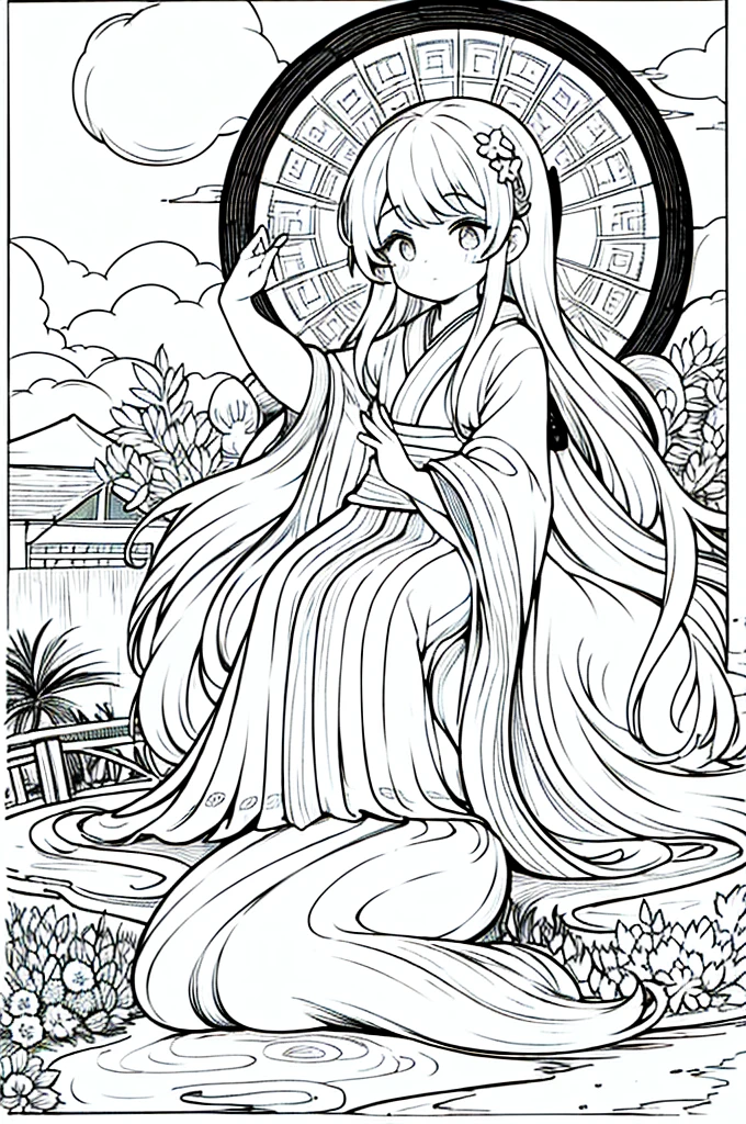 As a coloring book, the color should be black and white, the border should be simple, clear, and bold. A thoughtful Asian girl with a contemplative expression is sitting peacefully in the tranquil [Hiroshima Peace Memorial Park]. She is wearing a serene [kimono with dove pattern], the soft colors reflecting the somber atmosphere of the park. The girl's hands are folded in a gesture of respect, and her hair is adorned with a simple [hair ornament]. The park's iconic Peace Memorial Arch serves as a backdrop, adding a poignant touch to the illustration.