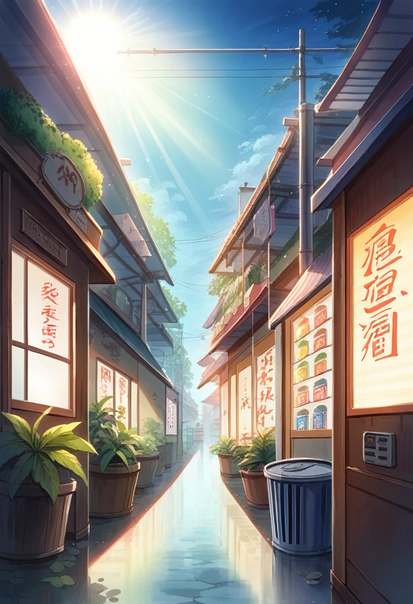 high detail, anime, anime style, sparkle, cinematic lighting, god rays, glowing light, reflection light, close-up, lens flare, masterpiece, high details, best quality, super detail, high quality, anime background, anime wallpaper, sunny weather, bright blue sky, dramatic lighting, (((compact japanese street corner))), (japanese shop signs), (japanese signs), (japanese banners), (banners), (plant pots), (plants), (trash cans), (vending machine), ((night time)), (((no one))), (((no people)))