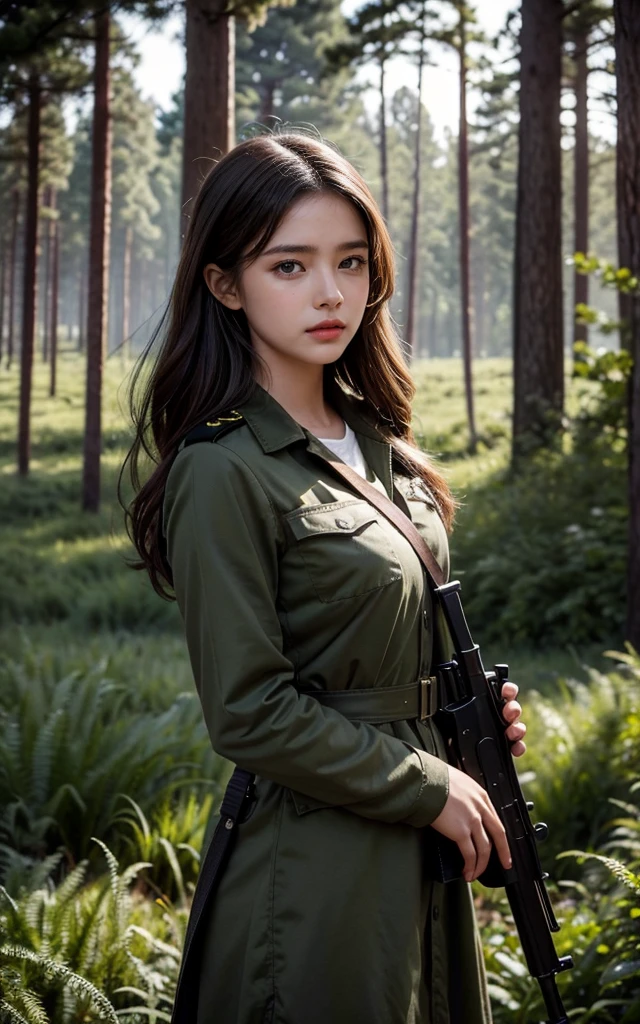 8K, best quality, Extremely detailed:1.37), Aliana, 18 years old, A beautiful Israeli girl, Wearing the uniform with pride, Representing her role as a soldier. She was wearing a fitted olive green dress. High-resolution images capture ultra-detailed realism, highlighting Aliana's determined expression, Sharp eyes, and a confident attitude. The background is a forest, Adds authenticity and meaning to the image. This visually striking representation showcases Aliana's strength and dedication as a soldier.