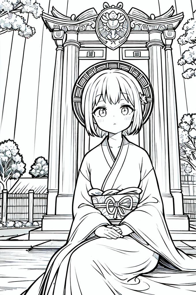 As a coloring book, the color should be black and white, the border should be simple, clear, and bold. A thoughtful Asian girl with a contemplative expression is sitting peacefully in the tranquil [Hiroshima Peace Memorial Park]. She is wearing a serene [kimono with dove pattern], the soft colors reflecting the somber atmosphere of the park. The girl's hands are folded in a gesture of respect, and her hair is adorned with a simple [hair ornament]. The park's iconic Peace Memorial Arch serves as a backdrop, adding a poignant touch to the illustration.