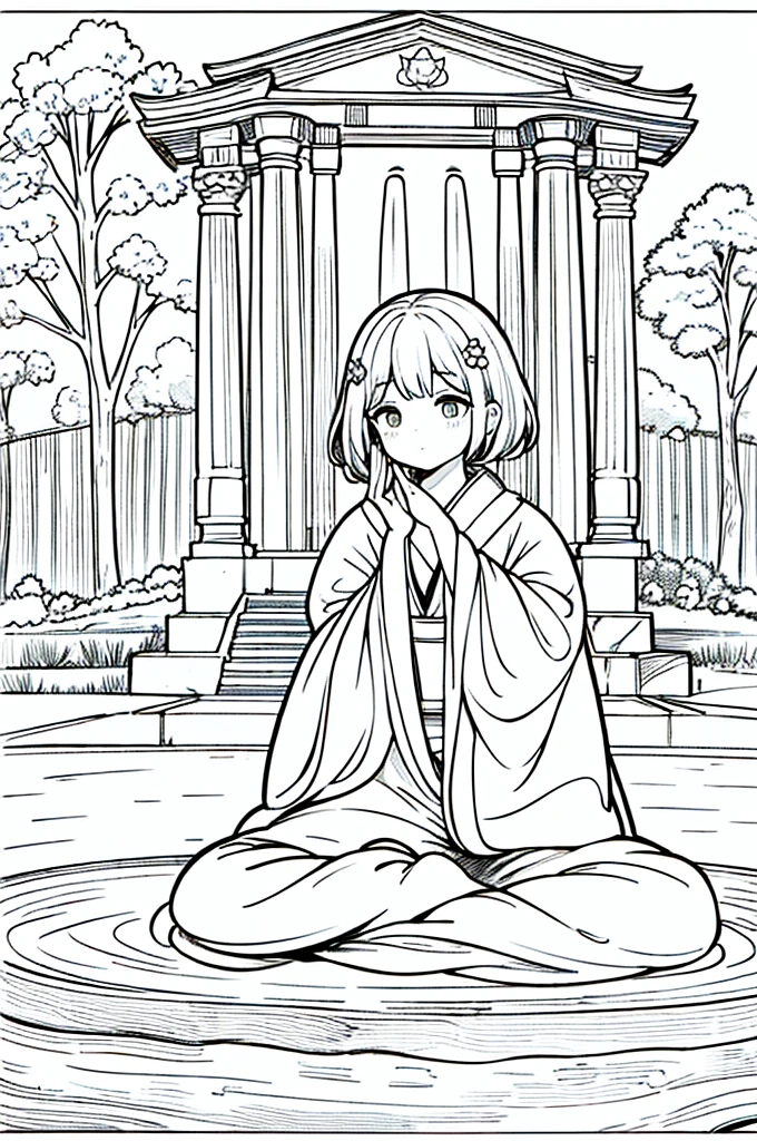 As a coloring book, the color should be black and white, the border should be simple, clear, and bold. A thoughtful Asian girl with a contemplative expression is sitting peacefully in the tranquil [Hiroshima Peace Memorial Park]. She is wearing a serene [kimono with dove pattern], the soft colors reflecting the somber atmosphere of the park. The girl's hands are folded in a gesture of respect, and her hair is adorned with a simple [hair ornament]. The park's iconic Peace Memorial Arch serves as a backdrop, adding a poignant touch to the illustration.
