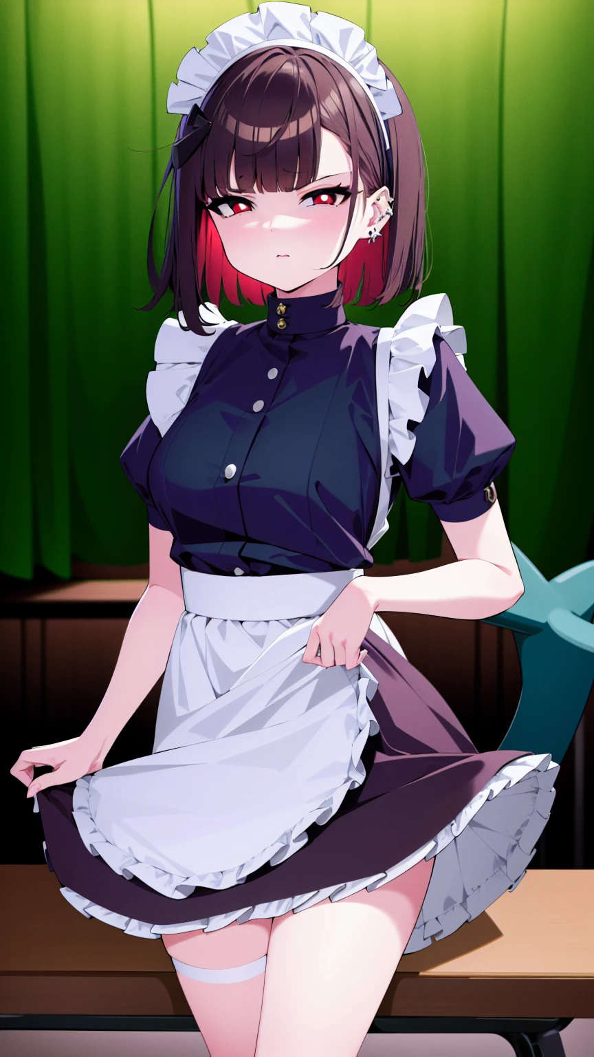 (cowboy shot),(ultra-high resolution, depth of field:1.2),Zenless Zone Zero,(Elen Joe:1.1),1woman,mature,black hair,short hair,inner color hair,(red eyes),medium breasts,crossed arms,maid dress,shark tail,maid apron,maid headdress,piercing,short sleeves,in classroom,sitting,sit in a chair,(((skirt lift,skirt hold)))