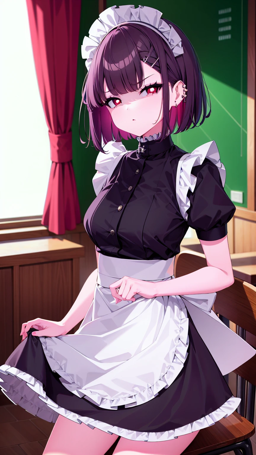 (cowboy shot),(ultra-high resolution, depth of field:1.2),Zenless Zone Zero,(Elen Joe:1.1),1woman,mature,black hair,short hair,inner color hair,(red eyes),medium breasts,crossed arms,maid dress,shark tail,maid apron,maid headdress,piercing,short sleeves,in classroom,sitting,sit in a chair,(((skirt lift,skirt hold)))