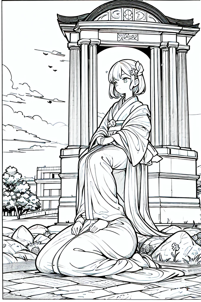 As a coloring book, the color should be black and white, the border should be simple, clear, and bold. Sitting on the well-kept stone pavement, A thoughtful Asian girl with a contemplative expression is sitting peacefully in the tranquil [Hiroshima Peace Memorial Park]. She is wearing a serene [kimono with dove pattern], the soft colors reflecting the somber atmosphere of the park. The girl's hands are folded in a gesture of respect, and her hair is adorned with a simple [hair ornament]. The park's iconic Peace Memorial Arch serves as a backdrop, adding a poignant touch to the illustration.