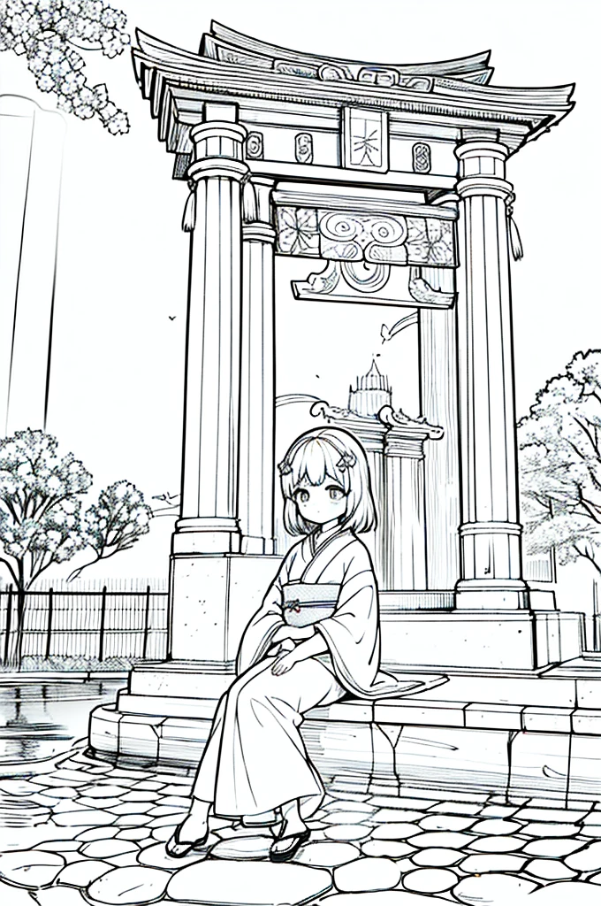 As a coloring book, the color should be black and white, the border should be simple, clear, and bold. Sitting on the well-kept stone pavement, A thoughtful Asian girl with a contemplative expression is sitting peacefully in the tranquil [Hiroshima Peace Memorial Park]. She is wearing a serene [kimono with dove pattern], the soft colors reflecting the somber atmosphere of the park. The girl's hands are folded in a gesture of respect, and her hair is adorned with a simple [hair ornament]. The park's iconic Peace Memorial Arch serves as a backdrop, adding a poignant touch to the illustration.