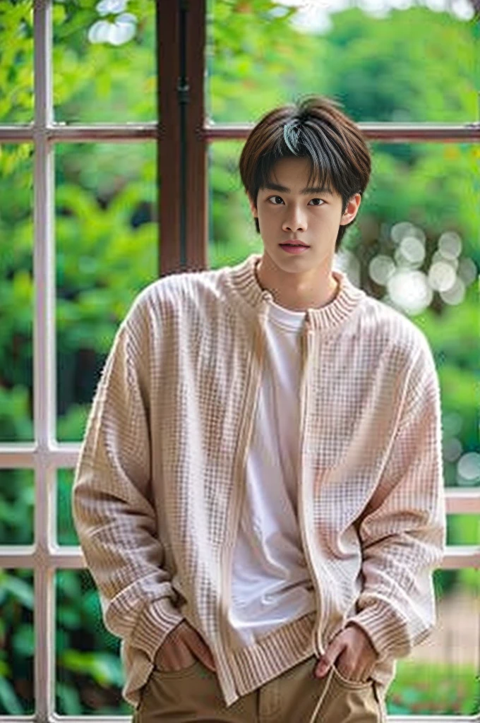 best quality, hyper quality, 8k, ultra detail, realistic, RAW photo, dslr, soft lighting, film grain, Fujifilm XT3, Screen Space Refraction, high detailed skin, natural skin texture, Canon 5D, high details,(masterpiece),(best quality),ultra hi res,realistic handsome male, young guy , asian male, blurry background,shirt,blurry,white shirt,1boy,male focus,hands in pockets,realistic,upper body,