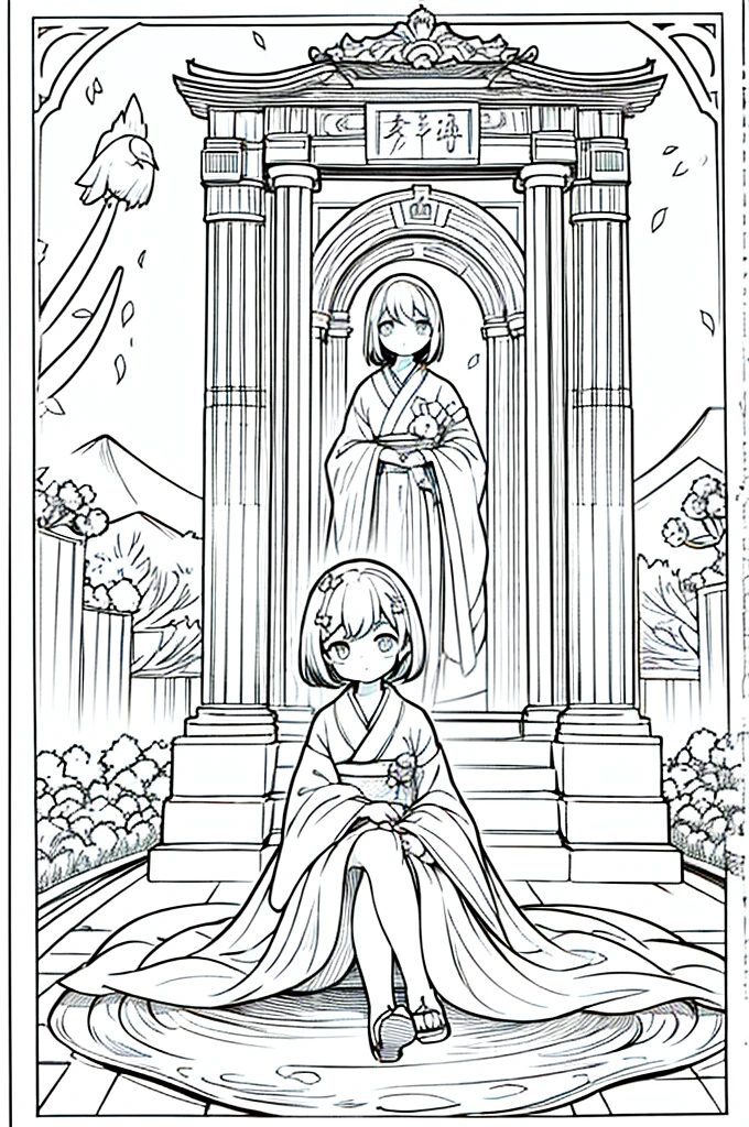 As a coloring book, the color should be black and white, the border should be simple, clear, and bold. Sitting on the well-kept stone pavement, A thoughtful Asian girl with a contemplative expression is sitting peacefully in the tranquil [Hiroshima Peace Memorial Park]. She is wearing a serene [kimono with dove pattern], the soft colors reflecting the somber atmosphere of the park. The girl's hands are folded in a gesture of respect, and her hair is adorned with a simple [hair ornament]. The park's iconic Peace Memorial Arch serves as a backdrop, adding a poignant touch to the illustration.
