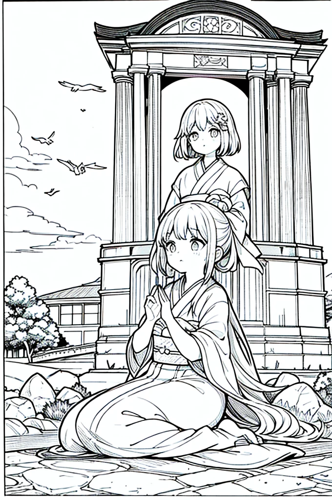 As a coloring book, the color should be black and white, the border should be simple, clear, and bold. Sitting on the well-kept stone pavement, A thoughtful Asian girl with a contemplative expression is sitting peacefully in the tranquil [Hiroshima Peace Memorial Park]. She is wearing a serene [kimono with dove pattern], the soft colors reflecting the somber atmosphere of the park. The girl's hands are folded in a gesture of respect, and her hair is adorned with a simple [hair ornament]. The park's iconic Peace Memorial Arch serves as a backdrop, adding a poignant touch to the illustration.